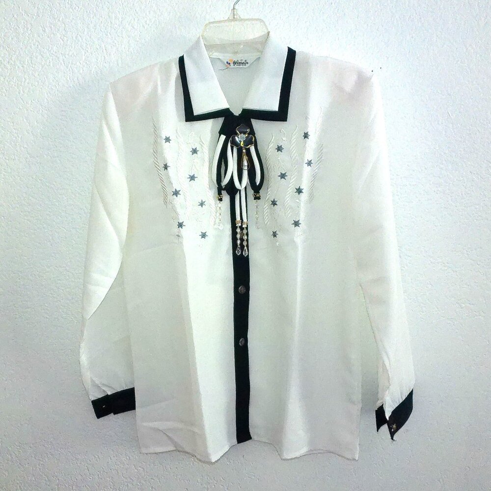 Yimein, White/blue long sleeve shirt, with crystals/beads design, embroidery,